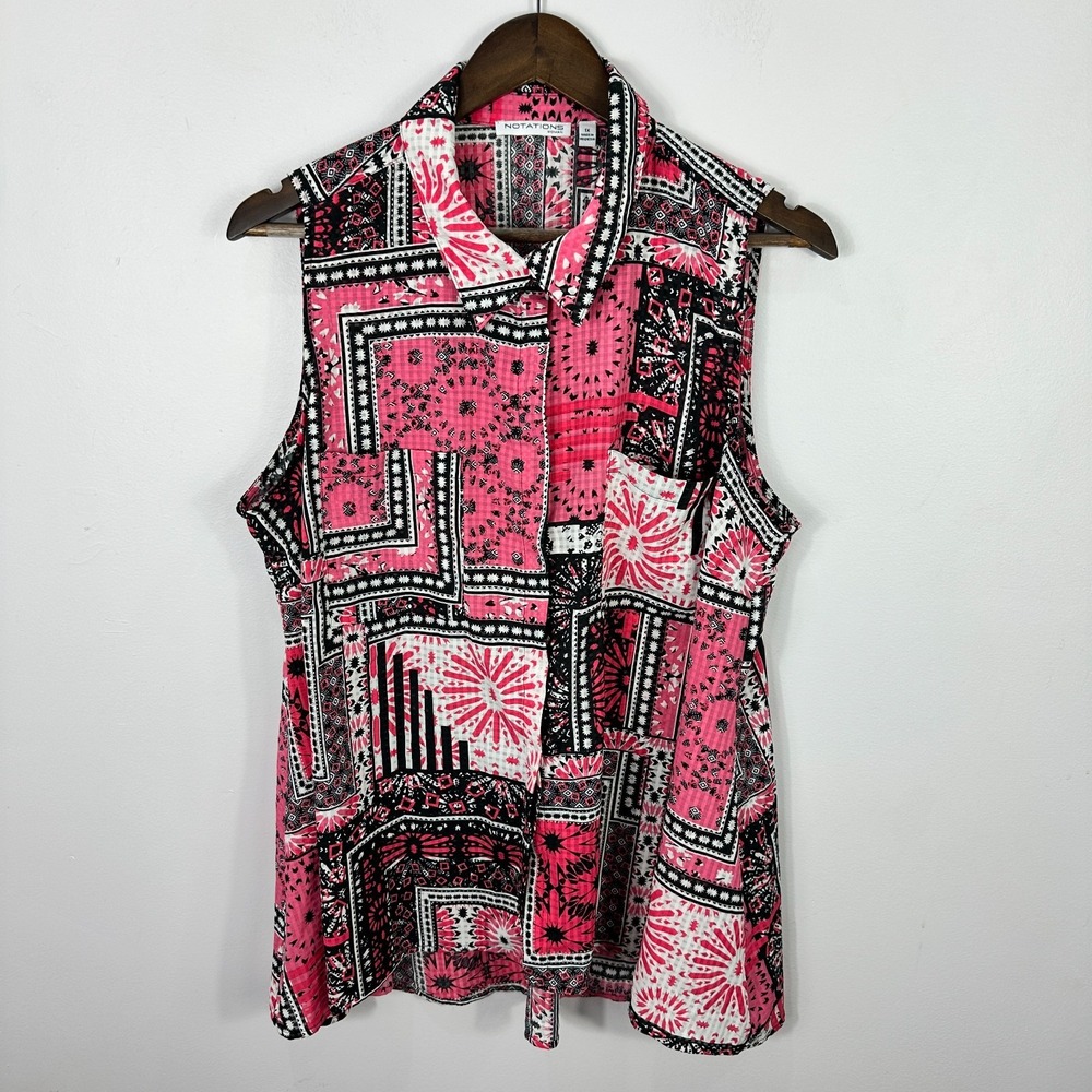 Notations Woman 1X Sleeveless Button Blouse Pink Boho‎ Festival Geometric Top